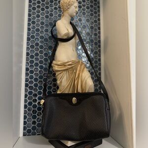 Vintage Mark Cross Crossbody Bag – Black Monogram Canvas & Leather Trim.